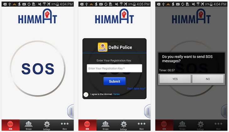 Drie schermafbeeldingen van de Himmat-app: een grote SOS-knop, een invoerscherm voor de registratiesleutel van Delhi Police en de vraag “Do you really want to send SOS messages?” met de knoppen Yes en No.