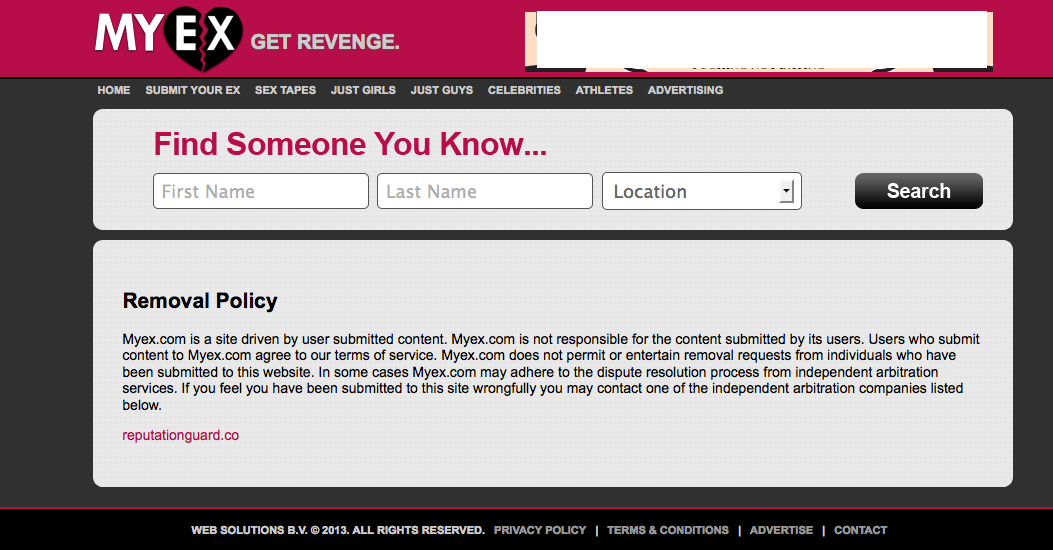 Schermafbeelding van de website MyEx met de slogan “Get revenge”, een zoekformulier “Find Someone You Know” en een verwijderbeleid waarin de site verantwoordelijkheid voor ingestuurde inhoud afwijst.