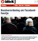 Schermafbeelding van Editie NL met de kop “Noodverordening om Facebook-feestje” boven een foto van agenten van de ME.