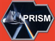 Logo van PRISM: een glazen prisma dat een lichtstraal in kleuren breekt, met het woord PRISM, op een rode achtergrond.