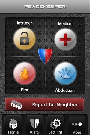 Startscherm van Peacekeeper met vier ronde knoppen voor Intruder, Medical, Fire en Abduction en daaronder een knop “Report for Neighbor”.