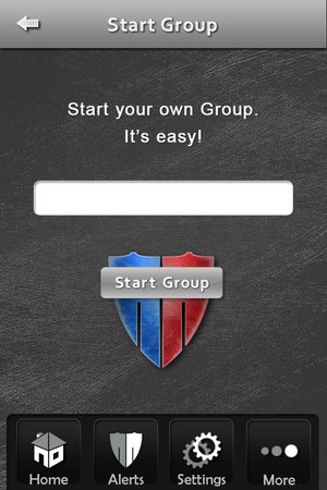 Scherm “Start Group” van de app Peacekeeper met de tekst “Start your own Group. It’s easy!”, een invoerveld en een blauw-rood schild met de knop “Start Group”.