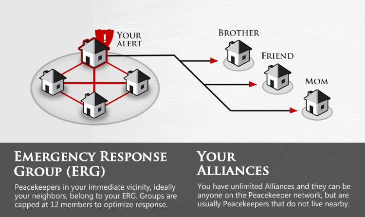 Schema van hoe meldingen werken: een alarm gaat naar de huizen in je Emergency Response Group (ERG), maximaal 12 buren, en naar je “Alliances” zoals broer, vriend en moeder.