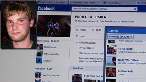 Portret van Jesse Hobson naast een schermafbeelding van het openbare Facebookevenement “Project X – Haren” met de hashtag #ProjectXHaren en ruim 14.000 deelnemers.