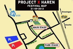 Grappige “Project X Haren Festival Map” van 21-09-2012 met een main stage, park stage, parkeerplaatsen en een Albert Heijn met bier.