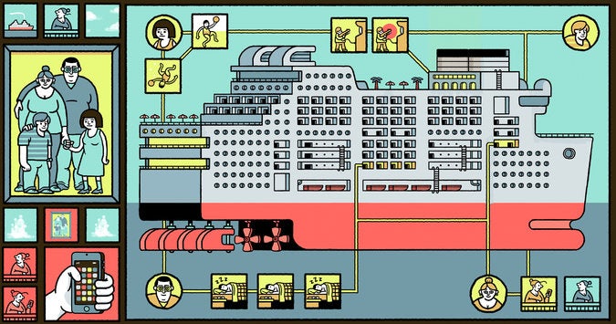 Getekende illustratie van een cruiseschip waarvan de opvarenden met lijnen met elkaar verbonden zijn, met links een familieportret en een hand met een smartphone vol app-pictogrammen.