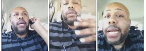 Drie stilstaande beelden uit de Facebook Live-video van de man die in Cleveland een voorbijganger doodschoot; hij praat in de camera en houdt op één beeld een telefoon vast.