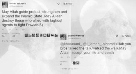 Twee tweets van Shami Witness, waaronder een oproep om de Islamitische Staat te “guide, protect, strengthen and expand”.