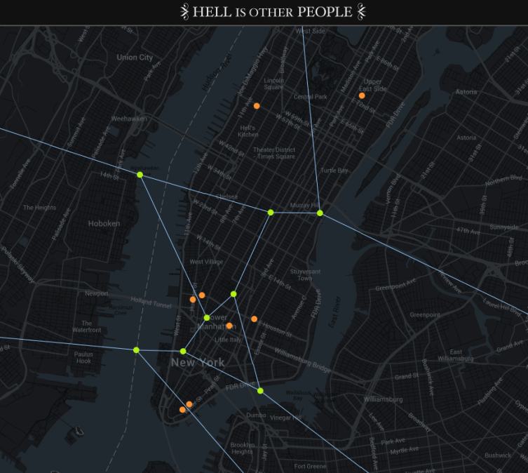 Donkere kaart van New York van de dienst “Hell is other people”, met oranje stippen voor de check-ins van vrienden en groene punten met lijnen die plekken aangeven waar je ze kunt ontlopen.