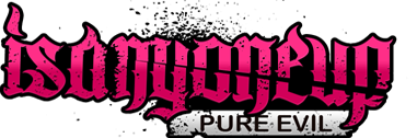 Logo van de website IsAnyoneUp in roze gotische letters met de ondertitel “Pure evil”.