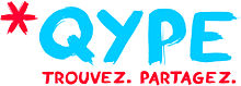 Logo van Qype in blauwe letters met een rood sterretje en de ondertitel “Trouvez. Partagez.”.
