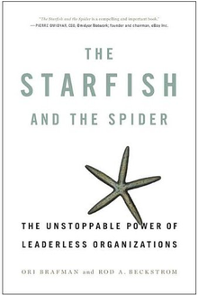 Omslag van het boek “The Starfish and the Spider: The Unstoppable Power of Leaderless Organizations” van Ori Brafman en Rod A. Beckstrom, met een zeester op een witte achtergrond.