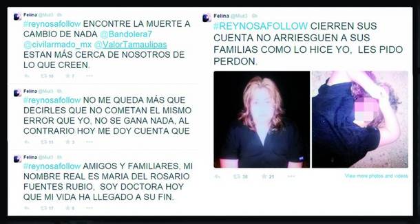 De laatste tweets van het account Felina met de hashtag #reynosafollow, waarin ze afscheid neemt en anderen waarschuwt hun accounts te sluiten. Daarnaast staan twee foto’s, waarvan de tweede onherkenbaar is gemaakt.