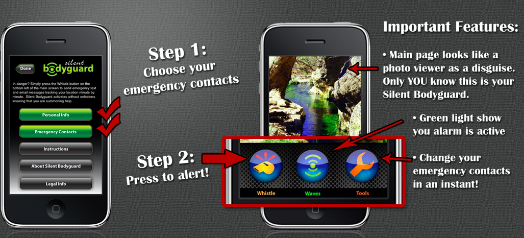 Twee iPhones met de app Silent Bodyguard. Stap 1 is het kiezen van noodcontacten, stap 2 is op de fluitknop drukken voor een alarm; de hoofdpagina lijkt op een fotoviewer als vermomming.
