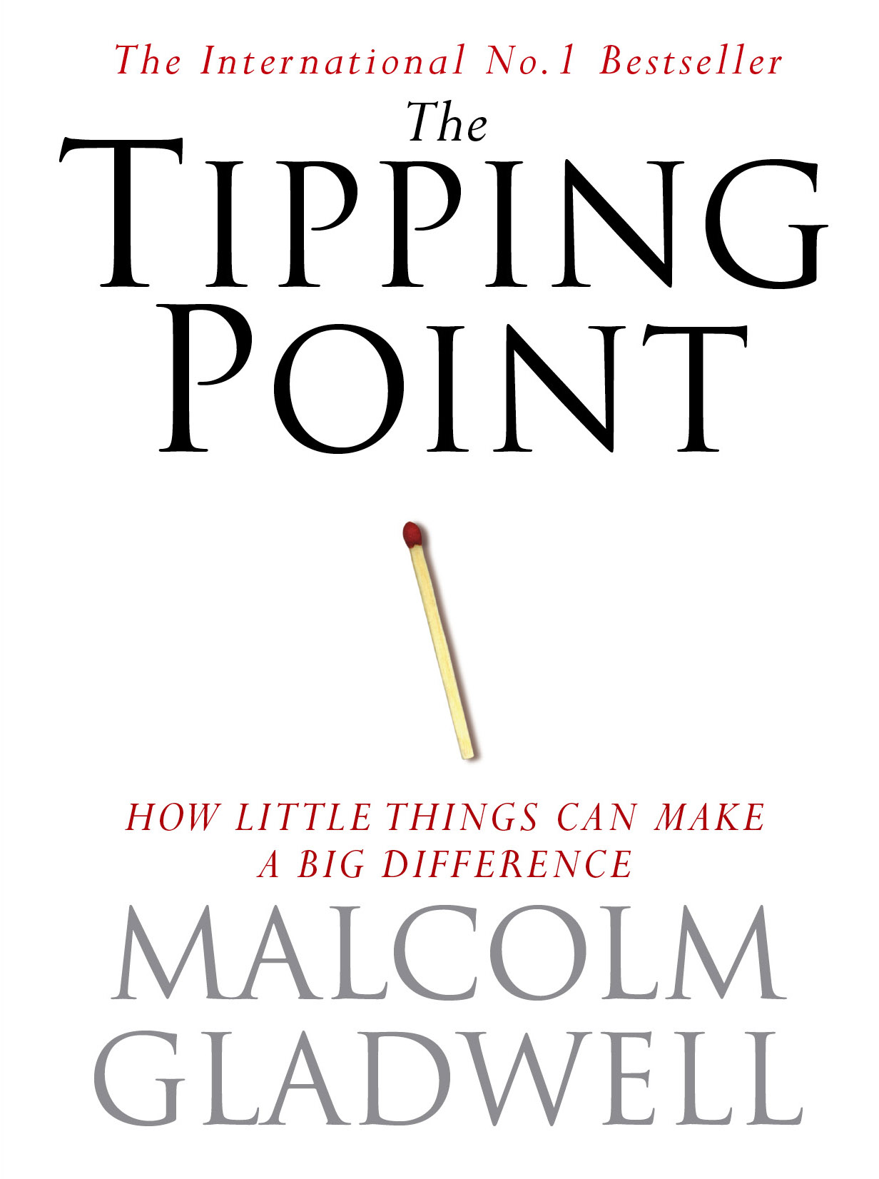Omslag van het boek “The Tipping Point: How Little Things Can Make a Big Difference” van Malcolm Gladwell, met een lucifer op een witte achtergrond.