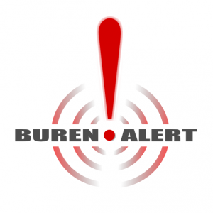 Logo van Buren-Alert: een groot rood uitroepteken met rode cirkels eromheen en de tekst “BUREN ALERT”.