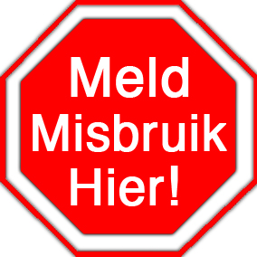 Rood achthoekig stopbord met de witte tekst “Meld Misbruik Hier!”.