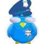 Getekend blauw Twittervogeltje met een politiepet en een sheriffster.