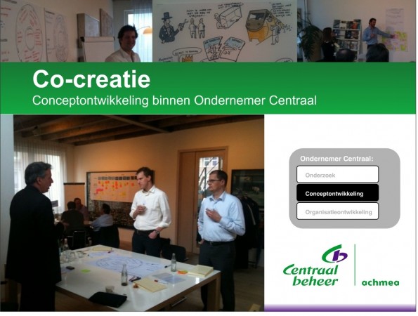 Dia met de titel “Co-creatie: Conceptontwikkeling binnen Ondernemer Centraal” en foto’s van mensen die overleggen rond een tafel en bij whiteboards. Rechts het logo van Centraal Beheer Achmea.