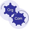 Klein pictogram van twee blauwe tandwielen in cirkels met de teksten “Org” en “Com” die in elkaar grijpen.