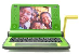 Icoon van een groene kinderlaptop met een slinger, met op het scherm een foto van lachende kinderen.