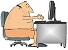 Cartoon van een dikke man die achter een computer zit.