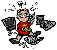 Cartoon van een gestreste man met telefoon, omringd door computers en apparaten.