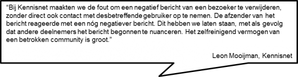 Tekstballon met een citaat van Leon Mooijman (Kennisnet): een negatief bericht dat bleef staan werd door andere deelnemers genuanceerd, want “het zelfreinigend vermogen van een betrokken community is groot.”