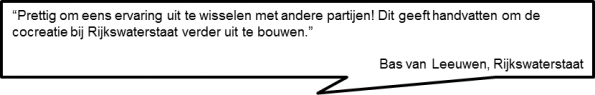 Tekstballon met een citaat van Bas van Leeuwen (Rijkswaterstaat): “Prettig om eens ervaring uit te wisselen met andere partijen! Dit geeft handvatten om de cocreatie bij Rijkswaterstaat verder uit te bouwen.”