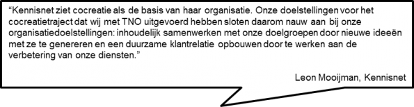 Tekstballon met een citaat van Leon Mooijman (Kennisnet): Kennisnet ziet cocreatie als de basis van de organisatie, en de doelen van het traject met TNO sloten aan bij samenwerken met doelgroepen en het opbouwen van een duurzame klantrelatie.