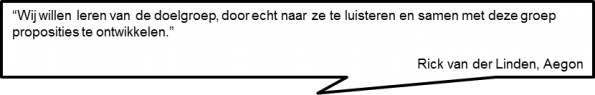 Tekstballon met een citaat van Rick van der Linden (Aegon): “Wij willen leren van de doelgroep, door echt naar ze te luisteren en samen met deze groep proposities te ontwikkelen.”