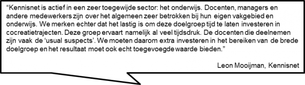 Tekstballon met een citaat van Leon Mooijman (Kennisnet): docenten zijn zeer betrokken maar ervaren veel tijdsdruk, waardoor vaak de ‘usual suspects’ meedoen en Kennisnet extra moet investeren om de brede doelgroep te bereiken.
