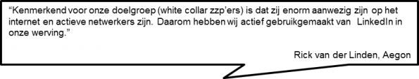 Tekstballon met een citaat van Rick van der Linden (Aegon): de doelgroep van white collar zzp’ers is sterk aanwezig op internet en netwerkt actief, daarom gebruikte Aegon LinkedIn voor de werving.