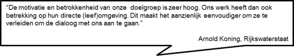 Tekstballon met een citaat van Arnold Koning (Rijkswaterstaat): de doelgroep is zeer gemotiveerd en betrokken omdat het werk hun directe (leef)omgeving raakt, wat het eenvoudiger maakt om de dialoog aan te gaan.