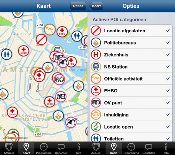 Twee schermen van de 30 APPril-app naast elkaar: links een kaart van Amsterdam met pictogrammen, rechts de lijst ‘Actieve POI categorieen’ met onder meer Locatie afgesloten, Politiebureaus, Ziekenhuis, NS Station, EHBO, OV punt, Inhuldiging en Toiletten.