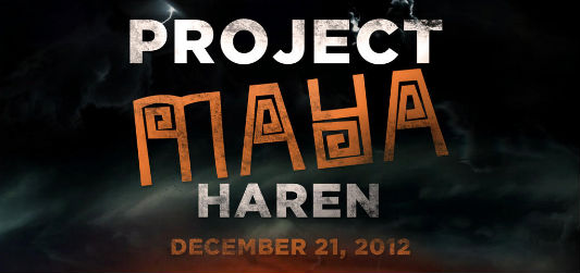 Aankondiging “Project Maya Haren, December 21, 2012” in grote letters tegen een donkere, stormachtige lucht.