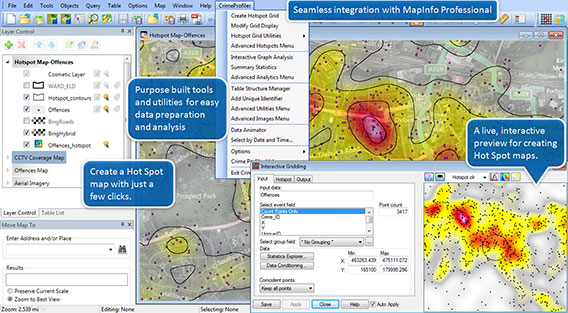 Schermafbeelding van MapInfo Crime Profiler met een hotspotkaart van misdrijven, het menu van de software en uitlegballonnen zoals “Create a Hot Spot map with just a few clicks”.