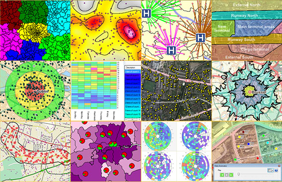 Raster van twaalf voorbeeldkaarten uit MapInfo Crime Profiler, zoals hotspotkaarten, gekleurde wijkkaarten, cirkeldiagrammen en zones rond Dublin en Brussel.
