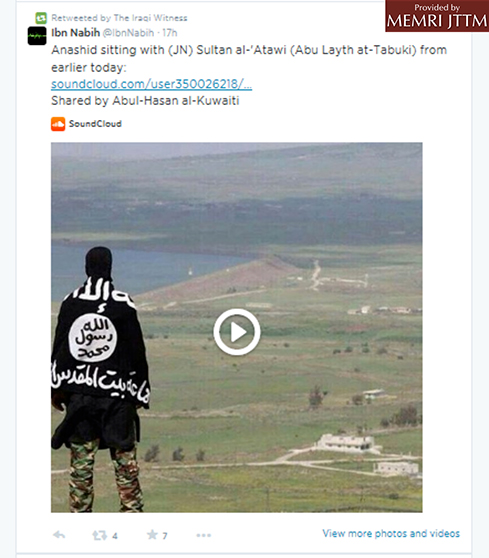 Tweet met een SoundCloud-link naar jihadistische gezangen, met een foto van een gemaskerde man met een zwarte IS-vlag op zijn rug die over een heuvellandschap uitkijkt. Rechtsboven het logo “Provided by MEMRI JTTM”.