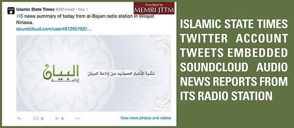 Tweet van het account Islamic State Times met een ingesloten SoundCloud-nieuwsbericht van radiostation al-Bayan. Rechts de tekst “Islamic State Times Twitter account tweets embedded SoundCloud audio news reports from its radio station”.