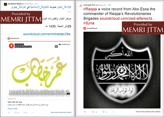 Twee tweets naast elkaar met ingesloten SoundCloud-opnames: links een Arabischtalig nieuwsbericht van al-Bayan, rechts een spraakopname van een commandant van de Revolutionaire Brigades van Raqqa met een zwart schild met Arabische tekst. Beide met het logo “Provided by MEMRI JTTM”.
