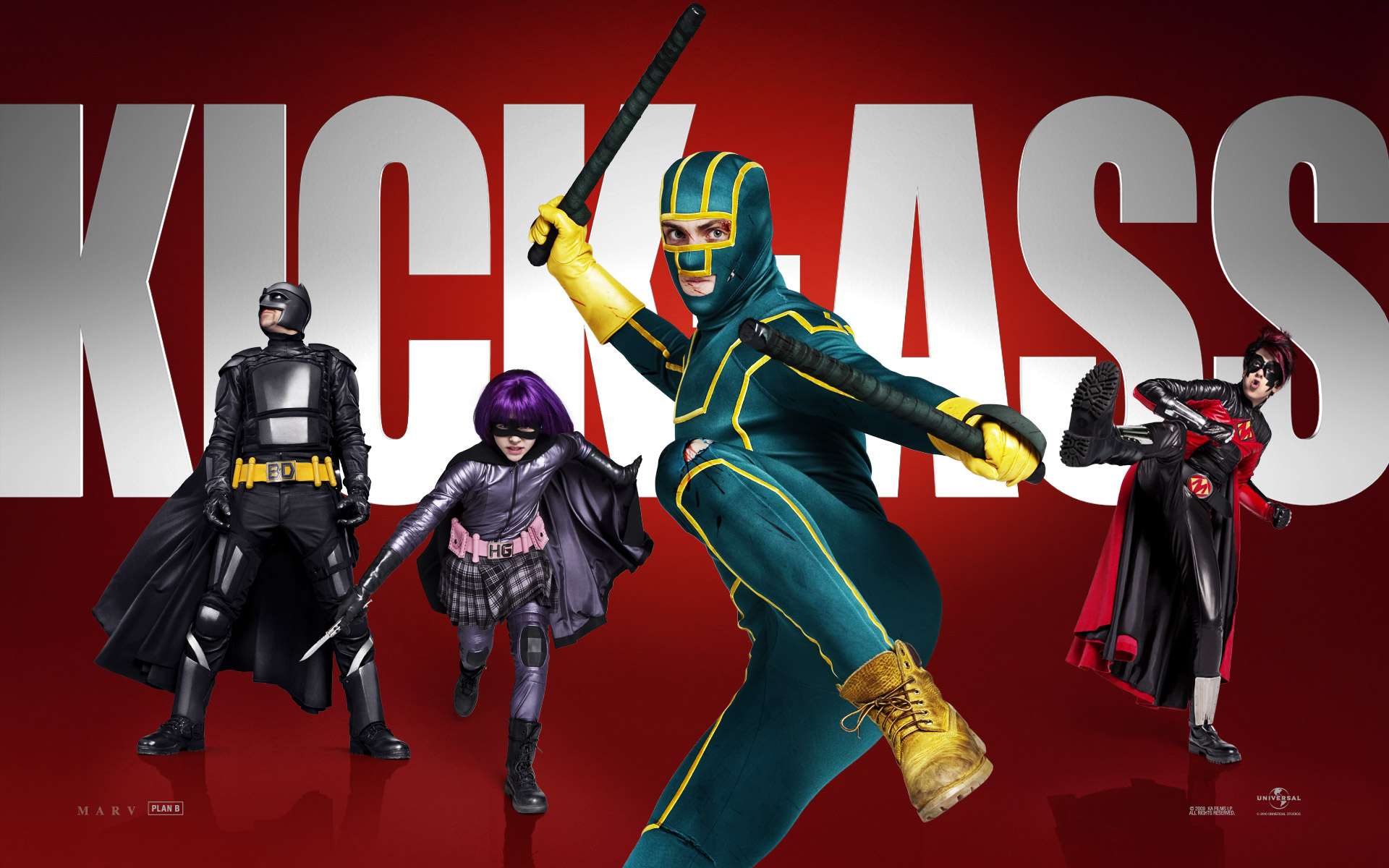 Filmposter van “Kick-Ass” met vier gemaskerde zelfbenoemde superhelden in kostuum voor een rode achtergrond, met in het midden de groen-gele held met twee stokken.