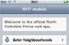 Kleine schermafbeelding van de app NYP mobile met de tekst “Welcome to the official North Yorkshire Police web app” en de knop “Safer Neighbourhoods”.
