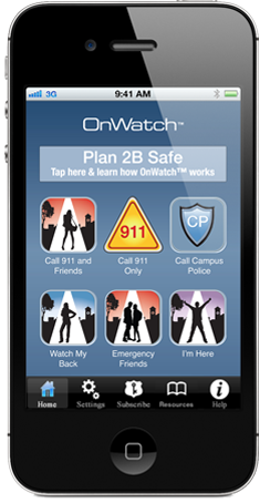 iPhone met het startscherm van de app OnWatch, met de kop “Plan 2B Safe” en knoppen als “Call 911 and Friends”, “911 Only”, “Call Campus Police”, “Watch My Back”, “Emergency Friends” en “I’m Here”.
