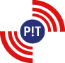 Logo van PIT met de letters “P!T” in een donkerblauwe cirkel, omgeven door rode boogjes als radiogolven.