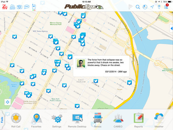 Scherm van de PublicEye-app op een iPad met een kaart van East Harlem vol Twitter-pictogrammen en een geopende tweet over een instorting. Onderaan knoppen als Roll Call, Favorites, Reports en Weather.