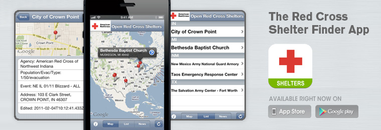 Banner van “The Red Cross Shelter Finder App”: telefoonschermen met een kaart van de Verenigde Staten met opvanglocaties van het Rode Kruis en een lijst met geopende noodopvangplekken, naast een icoon met een rood kruis en het woord “Shelters”.