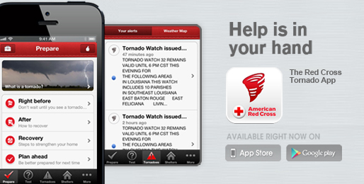 Banner van “The Red Cross Tornado App” met de tekst “Help is in your hand”: twee telefoonschermen met voorbereidingstips en meldingen van tornadowaarschuwingen in Louisiana, naast het app-icoon met een rode windhoos.