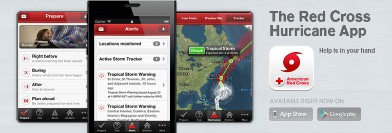 Banner van “The Red Cross Hurricane App” met de tekst “Help is in your hand”: drie telefoonschermen met tips voor vooraf, tijdens en na een orkaan, waarschuwingen voor een tropische storm en een weerkaart met de route van de storm langs de Amerikaanse oostkust.