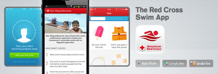 Banner van “The Red Cross Swim App”: telefoonschermen om de zwemvorderingen van je kind bij te houden, veiligheidstips bij zwembaden zonder badmeester met een foto van lachende kinderen in het water, en een kinderscherm met een ijsje en een zwemvest.